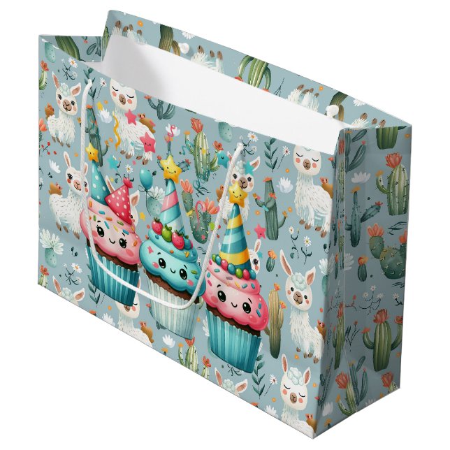 Happy Birthday Alpaca's And Cupcakes Large Gift Bag (Front Angled)