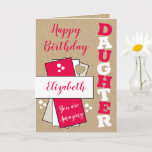 Happy Birthday amazing Daughter red rustic Card<br><div class="desc">Happy Birthday amazing daughter.
Add her name and a message.
Designed in red and white,  with a *Kraft graphic effect background.

*Real Kraft card is not used</div>