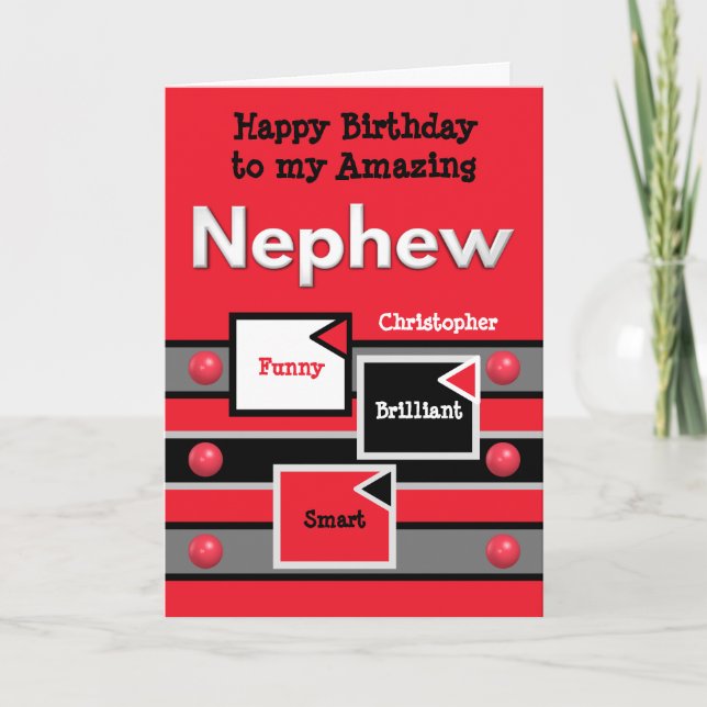Happy Birthday Amazing Nephew red grey black Card (Front)