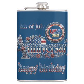 Happy Birthday America 250 USA 4th July Navy Blue Flask