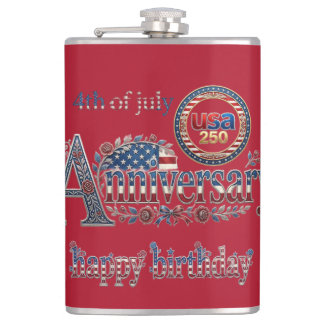 Happy Birthday America 250 USA 4th July Red Decor Flask