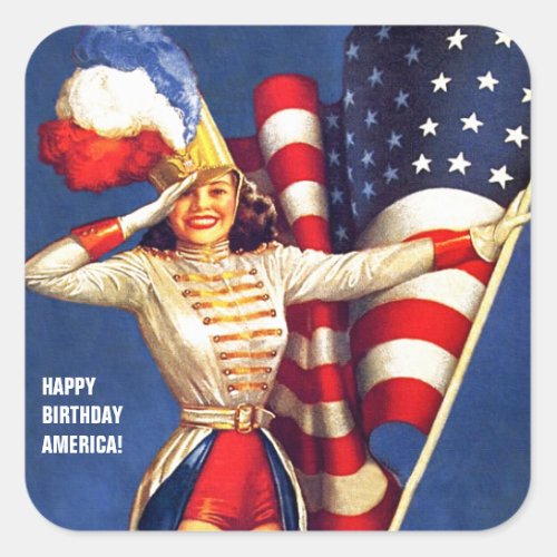 Happy Birthday America 4th of July Retro Pin_up Square Sticker