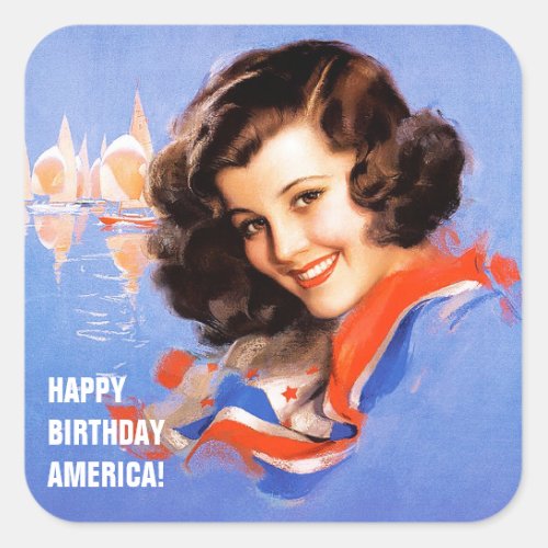 Happy Birthday America 4th of July Retro Pin_up Square Sticker