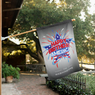 Happy Birthday America July 4th on LIGHT GREY House Flag