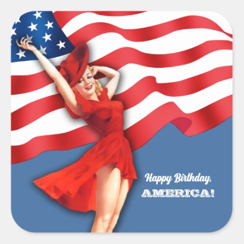 Happy Birthday America Retro Pin_up  Square Sticker