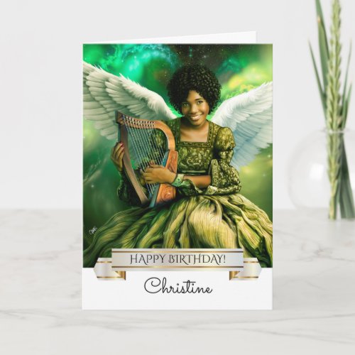 Happy Birthday Angel with Harp Custom Name  Card