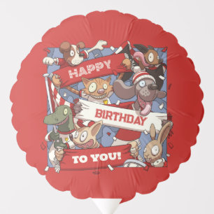 Happy Birthday Animal Sports Fans Waving Cartoon Balloon