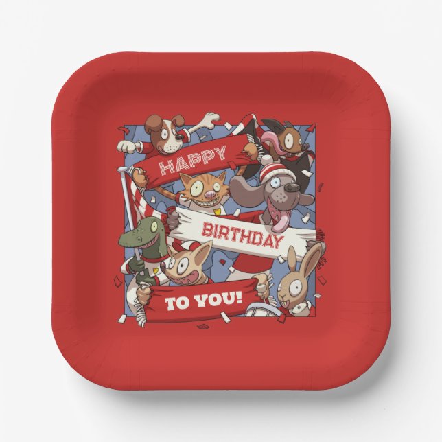 Happy Birthday Animal Sports Fans Waving Cartoon Paper Plates (Front)