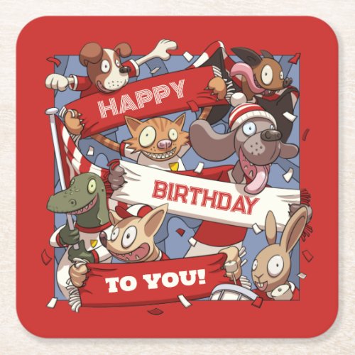 Happy Birthday Animal Sports Fans Waving Cartoon Square Paper Coaster