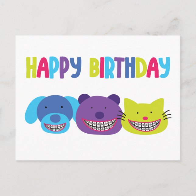 Happy Birthday Animals in Braces Orthodontic Holiday Postcard (Front)