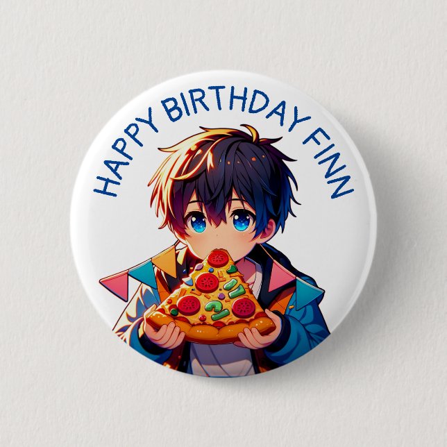 Happy Birthday | Anime Boy's Pizza Party Button (Front)