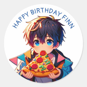 Happy Birthday Anime Boy's Pizza Party Classic Round Sticker