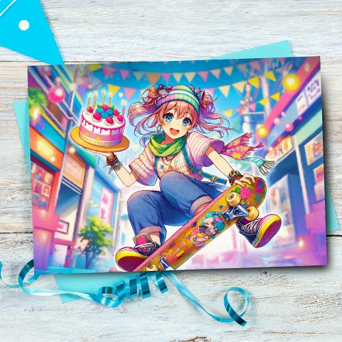 Happy Birthday Anime Girl On Skateboard Card