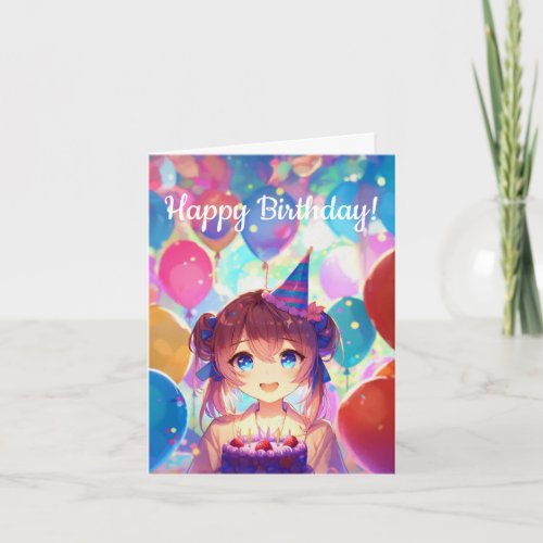 Happy Birthday Anime Girl With Cake Card