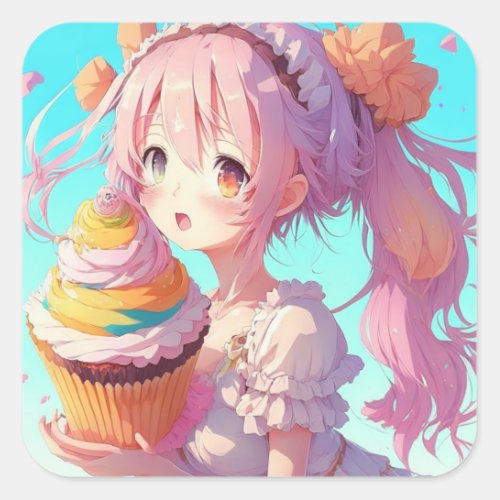 Happy Birthday Anime Girl with Whimsical Cupcake Square Sticker