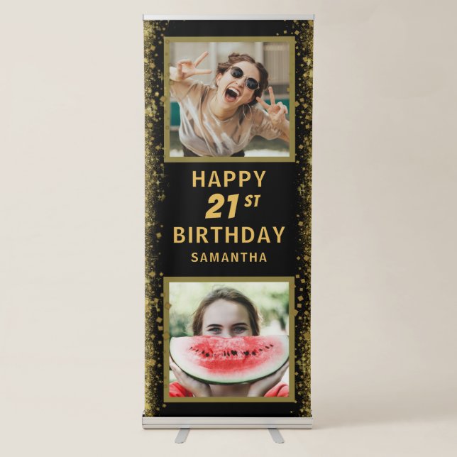 Happy Birthday Any Age Black & Gold  Retractable Banner (Front)
