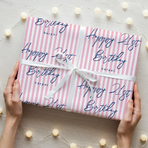 Happy Birthday Any Age Custom Name Stripe Pink Wrapping Paper