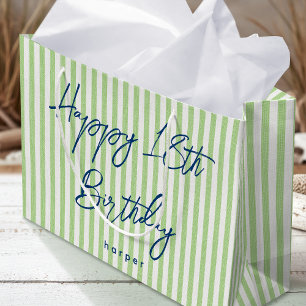 Happy Birthday Any Age Custom Name Striped Green Large Gift Bag