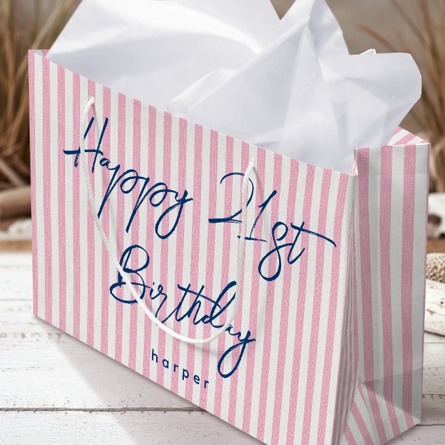 Happy Birthday Any Age Custom Name Striped Pink Large Gift Bag (Creator Uploaded)