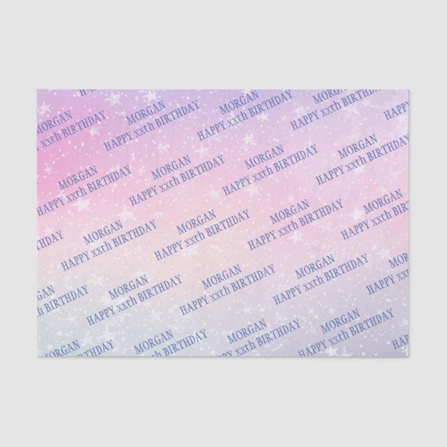 Happy Birthday, Any Age, Name, Stars, Pink & Blue Tissue Paper (Front)