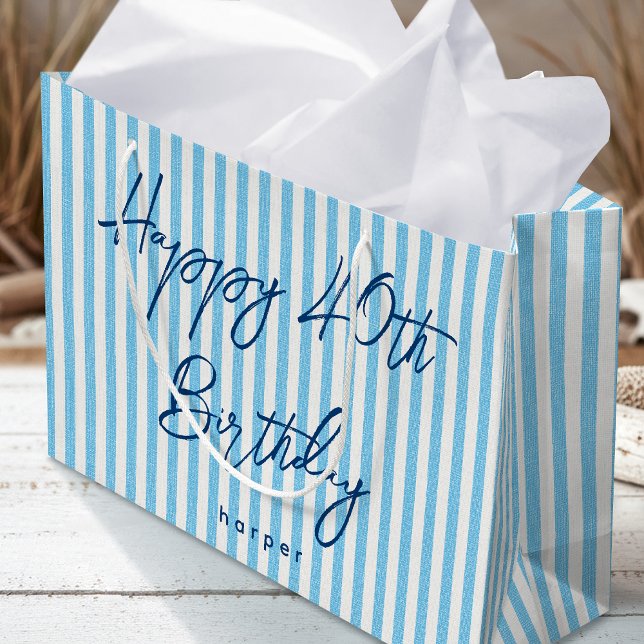 Happy Birthday Any Age Name Stripe Light Blue Large Gift Bag (Creator Uploaded)