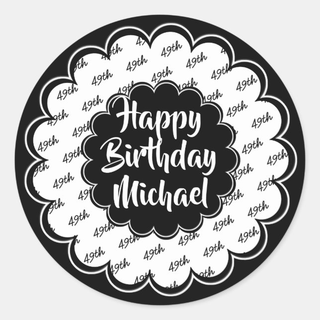 Happy Birthday Any Age Number Pattern Black/White Classic Round Sticker (Front)