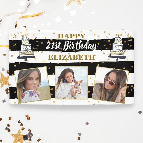 Happy Birthday Any Age Photo Collage Black Gold Banner