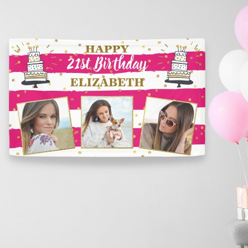 Happy Birthday Any Age Photo Collage Pink Gold Dot Banner