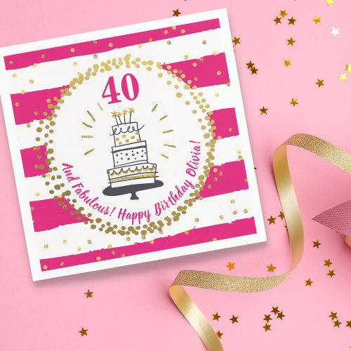 Happy Birthday Any Age Pink White And Gold Glitter Napkins