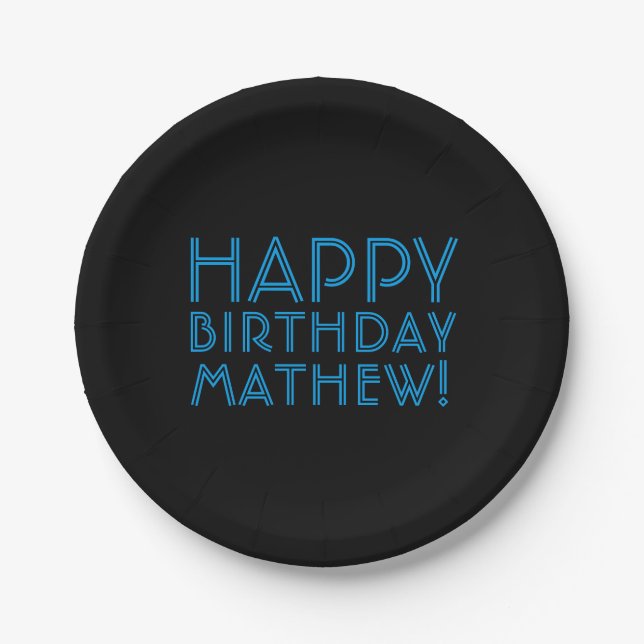 Happy Birthday (ANY NAME) | Blue & Black (or diy) Paper Plates (Front)