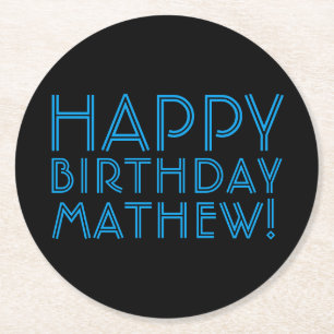 Happy Birthday (ANY NAME) Blue & Black (or diy) Round Paper Coaster