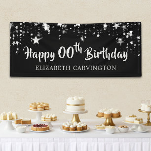 Happy Birthday ANY YEAR Black Silver Personalized Banner