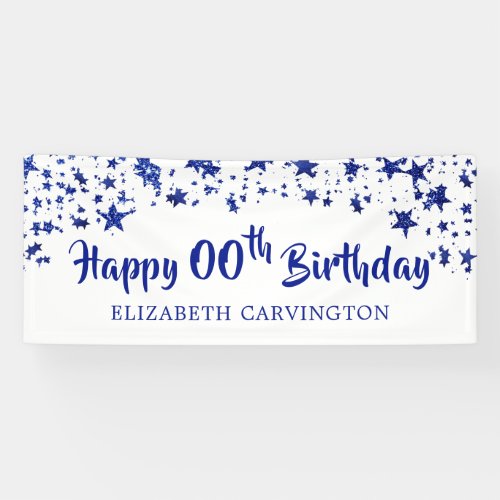 Happy Birthday ANY YEAR Blue Glitter Personalized Banner