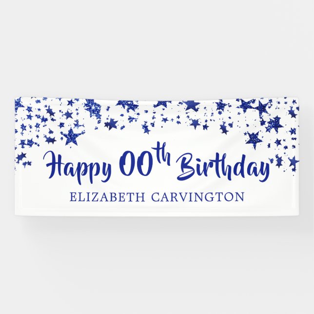 Happy Birthday ANY YEAR Blue Glitter Personalized Banner (Horizontal)