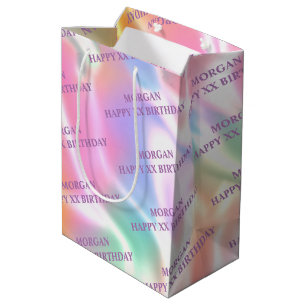 Happy Birthday, Any Year, Name, Iridescent Medium Gift Bag
