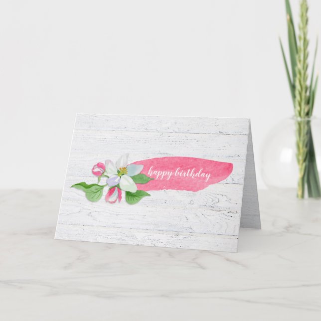 Happy Birthday apple blossoms on wood Thank You Card (Front)