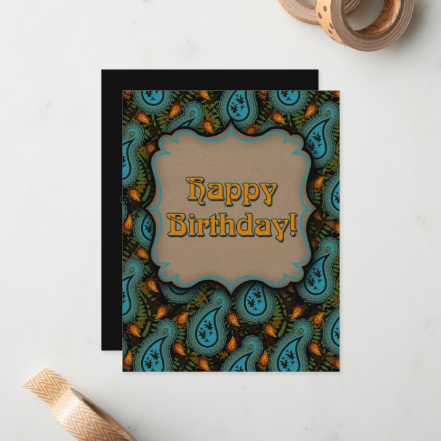 Happy Birthday Aqua Black Gold Paisley Note Card (Front/Back In Situ)