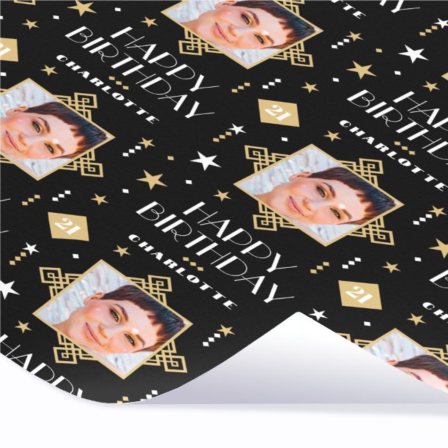Happy Birthday Art Deco Custom Photo Black Wrapping Paper (Creator Uploaded)
