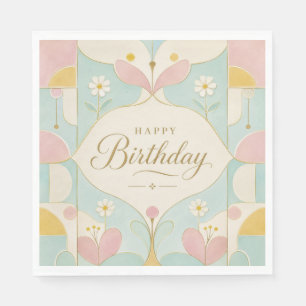Happy Birthday Art Deco Pastel Floral Geometric Napkins