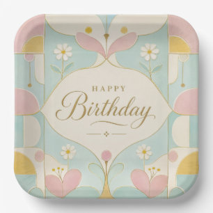 Happy Birthday Art Deco Pastel Floral Geometric Paper Plates