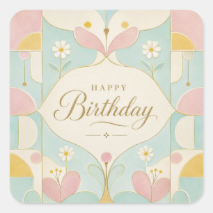 Happy Birthday Art Deco Pastel Floral Geometric Square Sticker