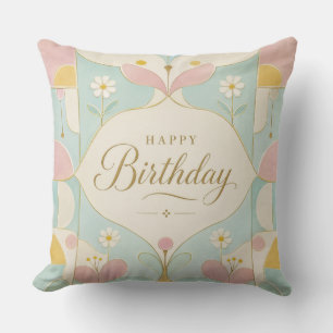 Happy Birthday Art Deco Pastel Floral Geometric Throw Pillow