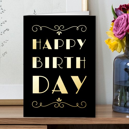 Happy Birthday Art Deco Typographic Gold Foil Greeting Card