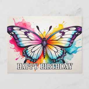 Happy Birthday Artistic Butterfly Watercolor Art Holiday Postcard