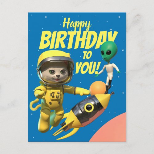 Happy Birthday Astronaut and Alien Fun postcard