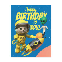 Happy Birthday Astronaut and Alien Fun postcard