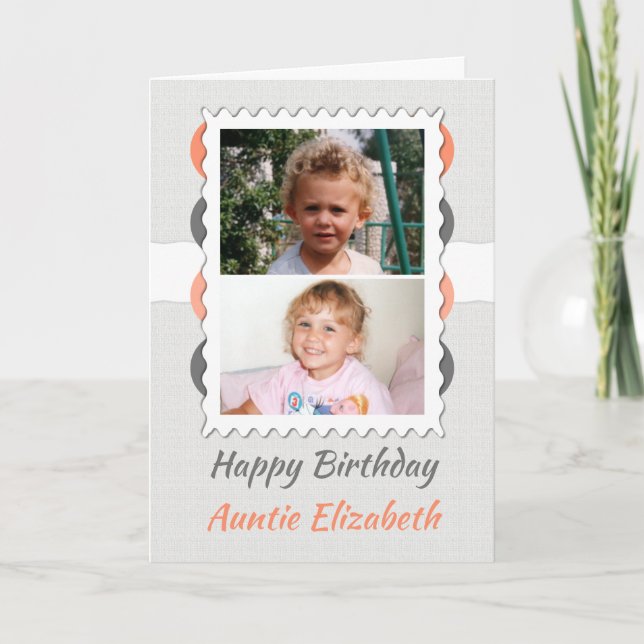 Happy Birthday Auntie gray and coral photo Card (Front)