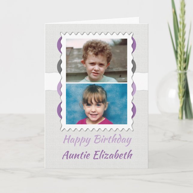 Happy Birthday Auntie gray and purple photo Card (Front)