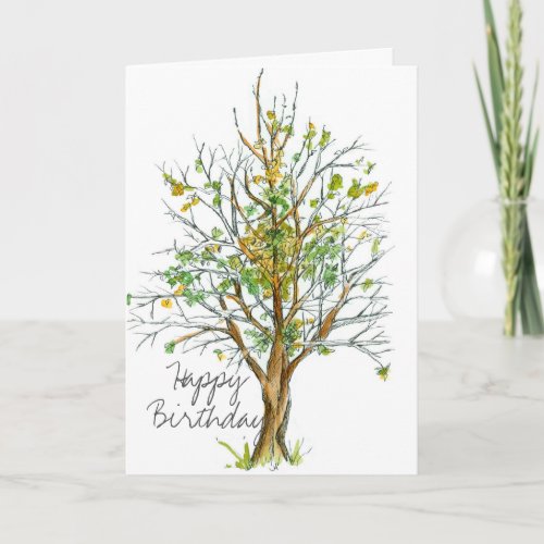 Happy Birthday Autumn Tree Pen and Ink Drawing Card