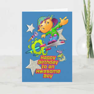 Happy Birthday Awesome Boy Skateboard Boy & Aliens Card